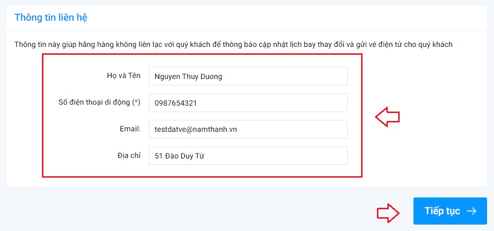 Nhập đầy đủ phần th&ocirc;ng tin li&ecirc;n hệ khi đặt v&eacute; m&aacute;y bay trực tuyến