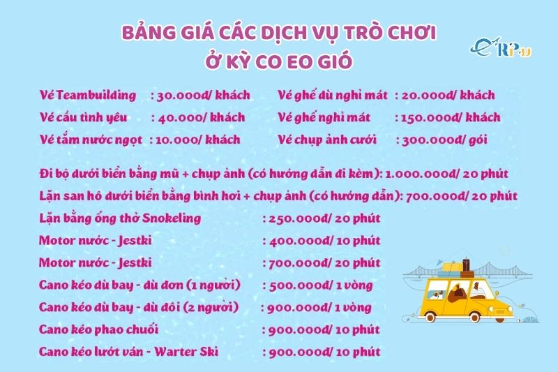 Bảng gi&aacute; c&aacute;c dịch vụ tr&ograve; chơi ở Kỳ Co Eo Gi&oacute;