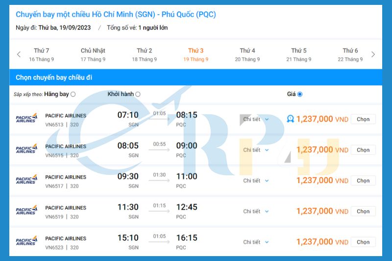 Gi&aacute; v&eacute; m&aacute;y bay S&agrave;i G&ograve;n đi Ph&uacute; Quốc h&atilde;ng Pacific Airlines