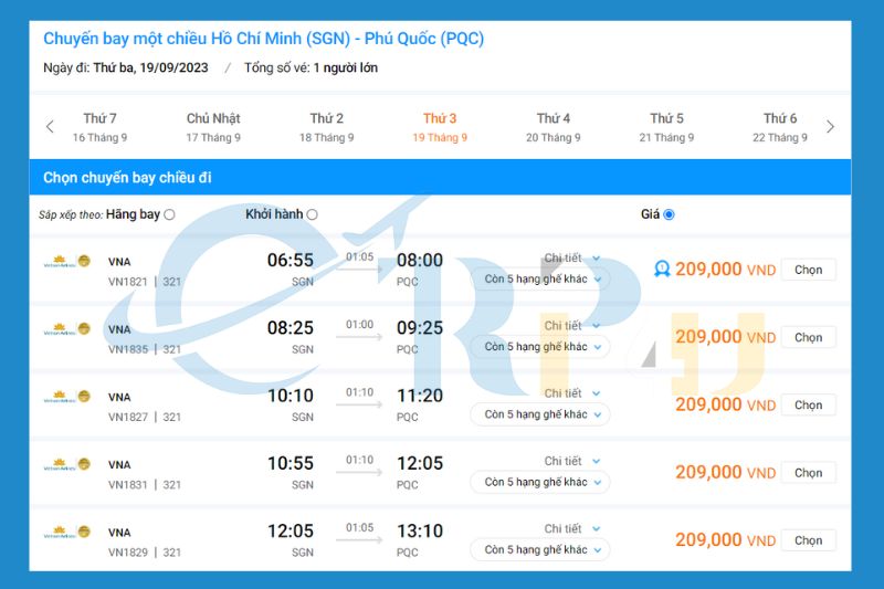 Gi&aacute; v&eacute; m&aacute;y bay TPHCM đi Ph&uacute; Quốc Vietnam Airline