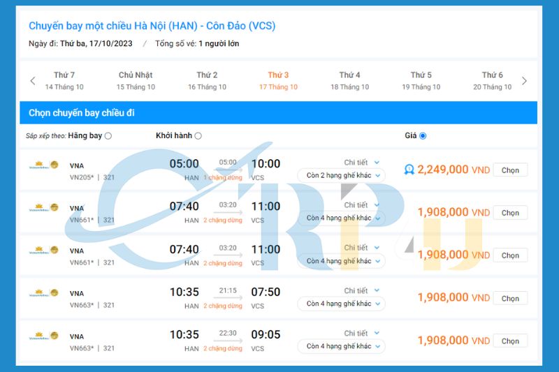 Gi&aacute; v&eacute; m&aacute;y bay từ H&agrave; Nội đi C&ocirc;n Đảo Vietnam Airline