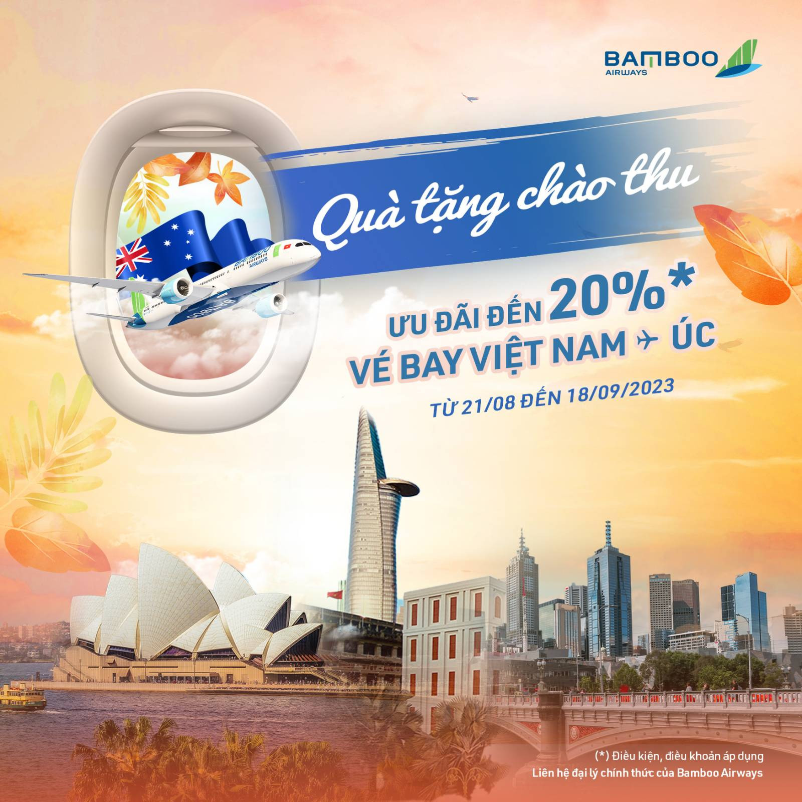Quà tặng chào thu, ưu đãi lên đến 20% vé bay Việt Nam - Úc cùng Bamboo Airways Quà tặng chào thu, ưu đãi lên đến 20% vé bay Việt Nam - Úc cùng Bamboo Airways