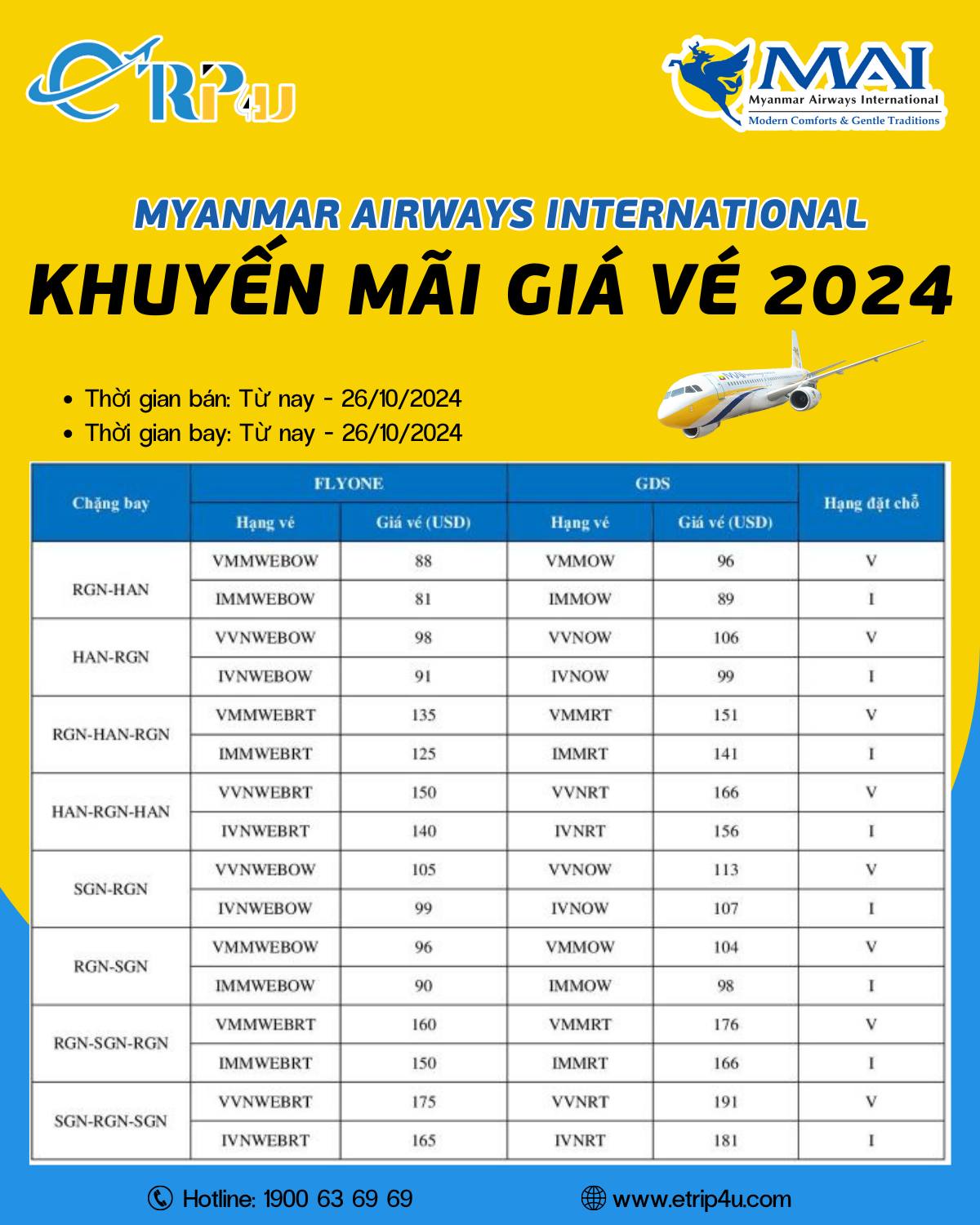 Gi&aacute; v&eacute; khuyến m&atilde;i 2024 của Myanmar Airways International