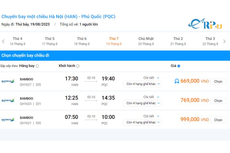 Gi&aacute; v&eacute; m&aacute;y bay H&agrave; Nội - Ph&uacute; Quốc của Bamboo Airways