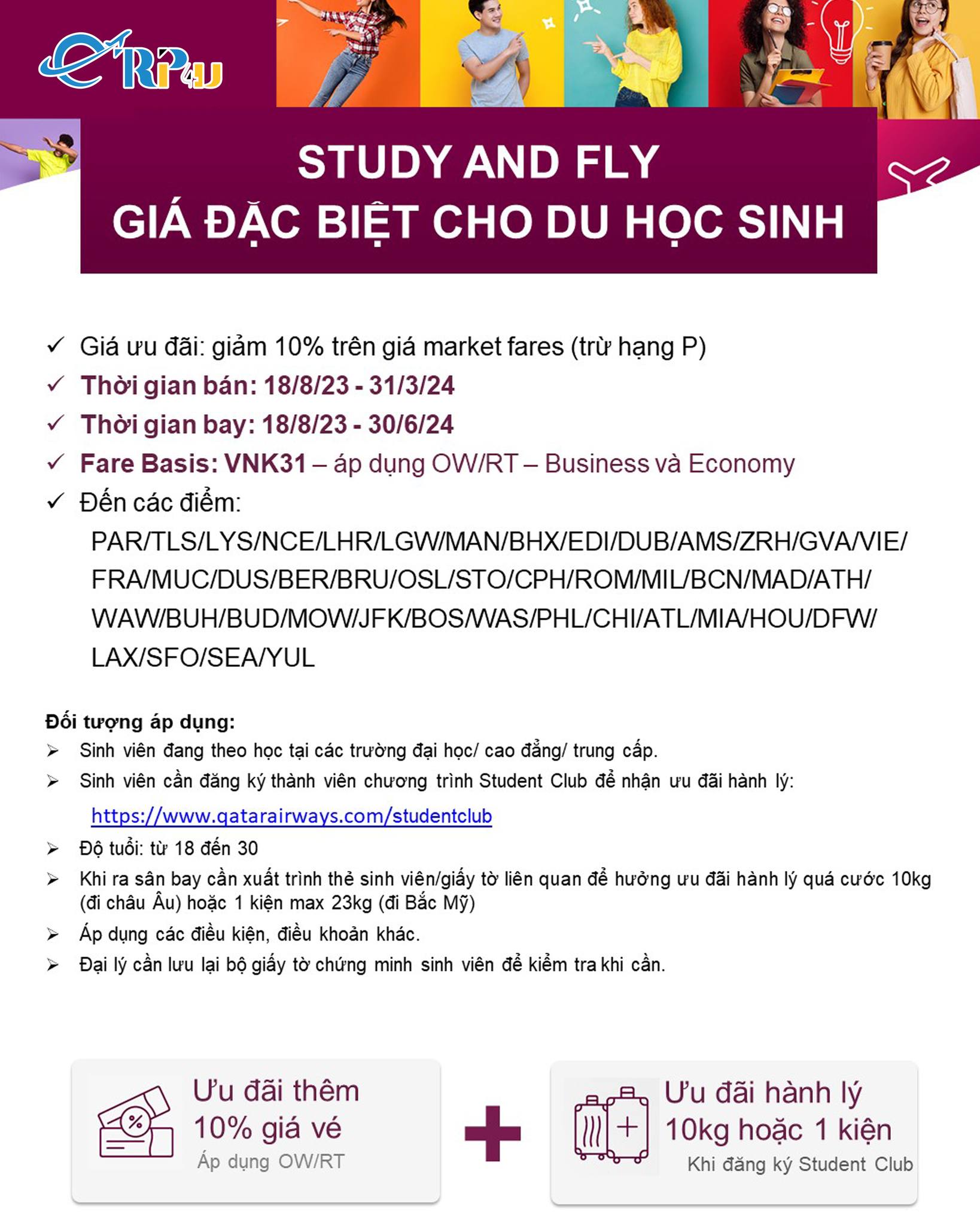 Qatar Airways ưu đ&atilde;i gi&aacute; v&eacute; đặc biệt d&agrave;nh cho du học sinh 