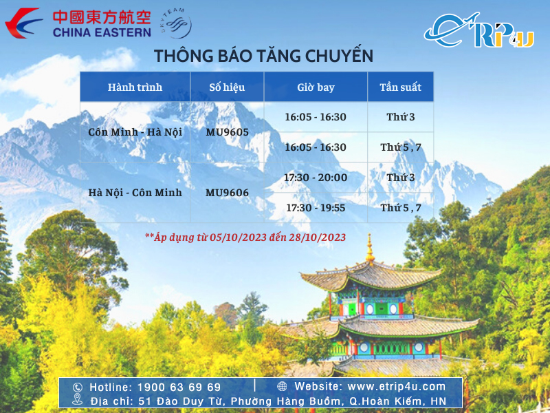 China Eastern Airlines th&ocirc;ng b&aacute;o tăng tần suất chuyến H&agrave; Nội - C&ocirc;n Minh th&aacute;ng 10/2023