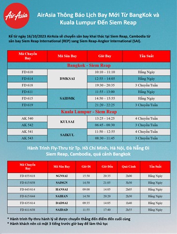 Air Asia cập nhật lịch bay từ Kuala Lumpur & Bangkok đến Siem Reap