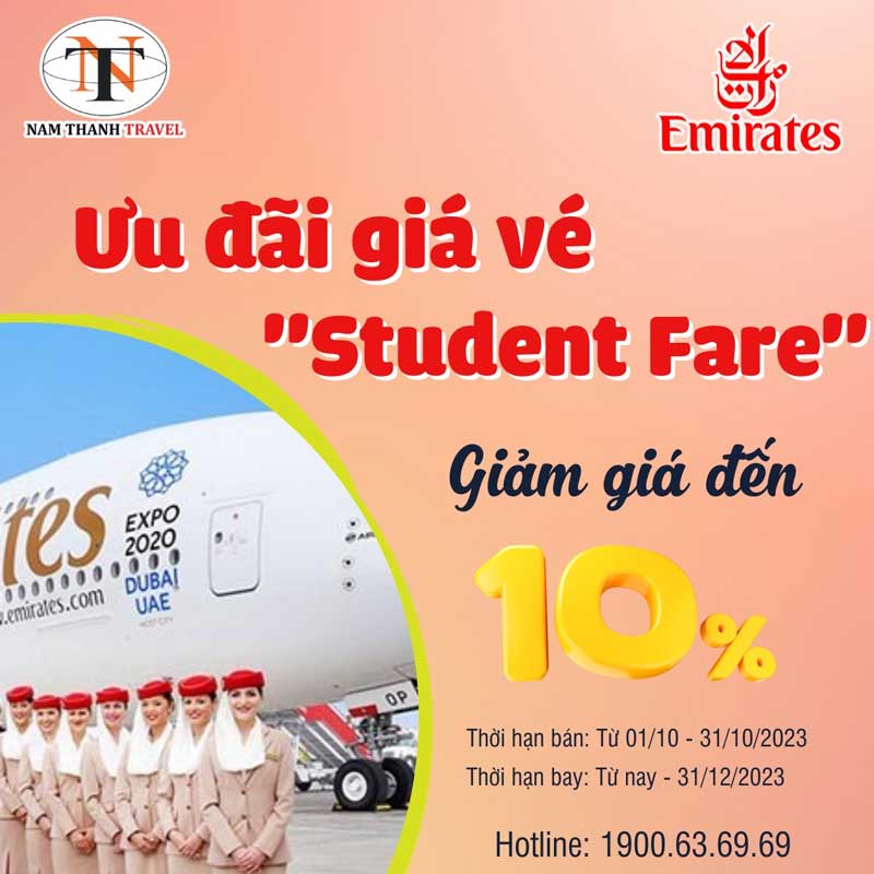 Emirates ưu đ&atilde;i gi&aacute; v&eacute; "Student Fares" hạng Phổ Th&ocirc;ng (Một chiều) - khởi h&agrave;nh từ Việt Nam đến tất cả điểm đến khai th&aacute;c bởi Emirates.