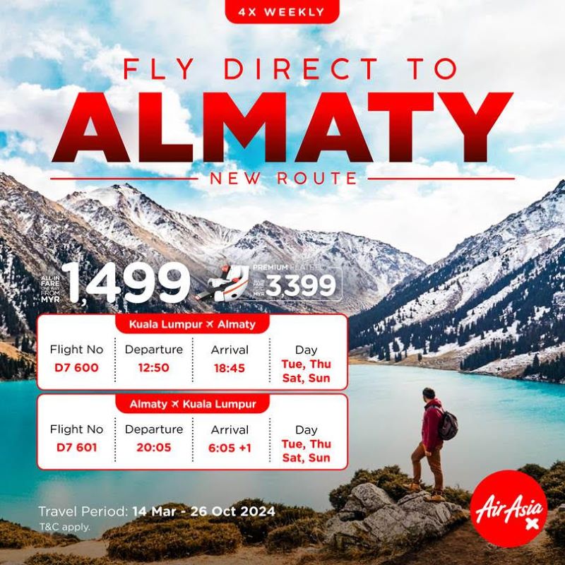 AirAsia: Khai th&aacute;c đường bay mới đến Almaty (ALA) từ KUL