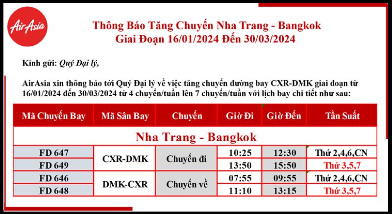 AirAsia: Tăng Chuyến Nha Trang - Bangkok Giai Đoạn 16/01/2024 đến 30/03/2024