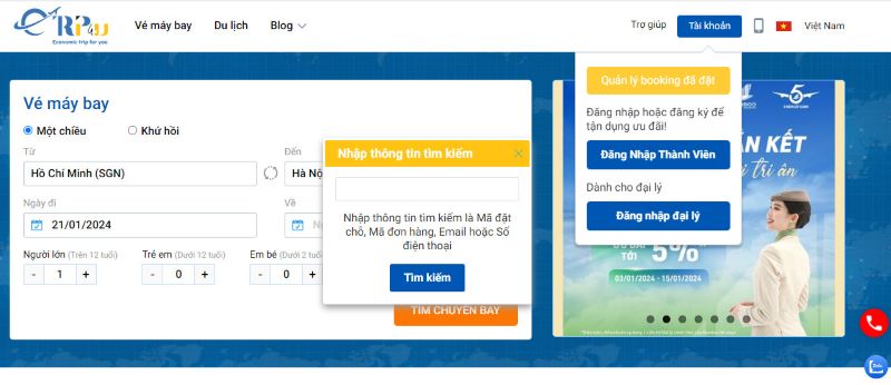 Mục Quản lý booking đã đặt để lấy thông tin về chuyến bay đã đặt Mục Quản lý booking đã đặt để lấy thông tin về chuyến bay đã đặt