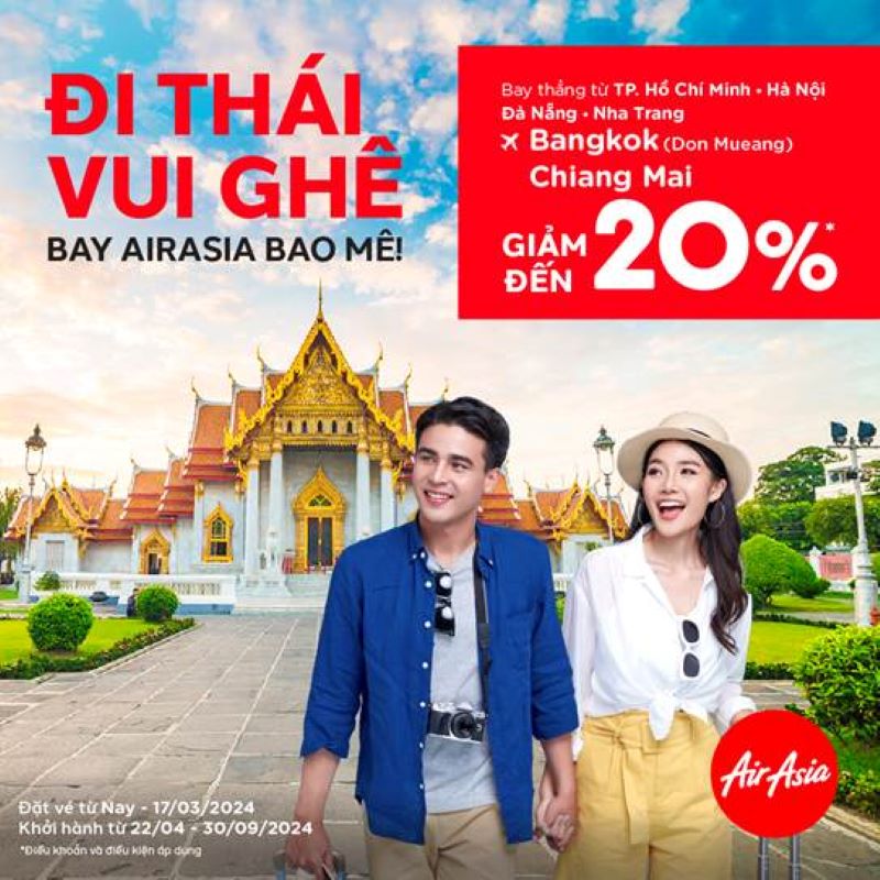 Deal xịn giảm tới 20% mọi chuyến bay đi Thái Lan từ AirAsia Deal xịn giảm tới 20% mọi chuyến bay đi Thái Lan từ AirAsia