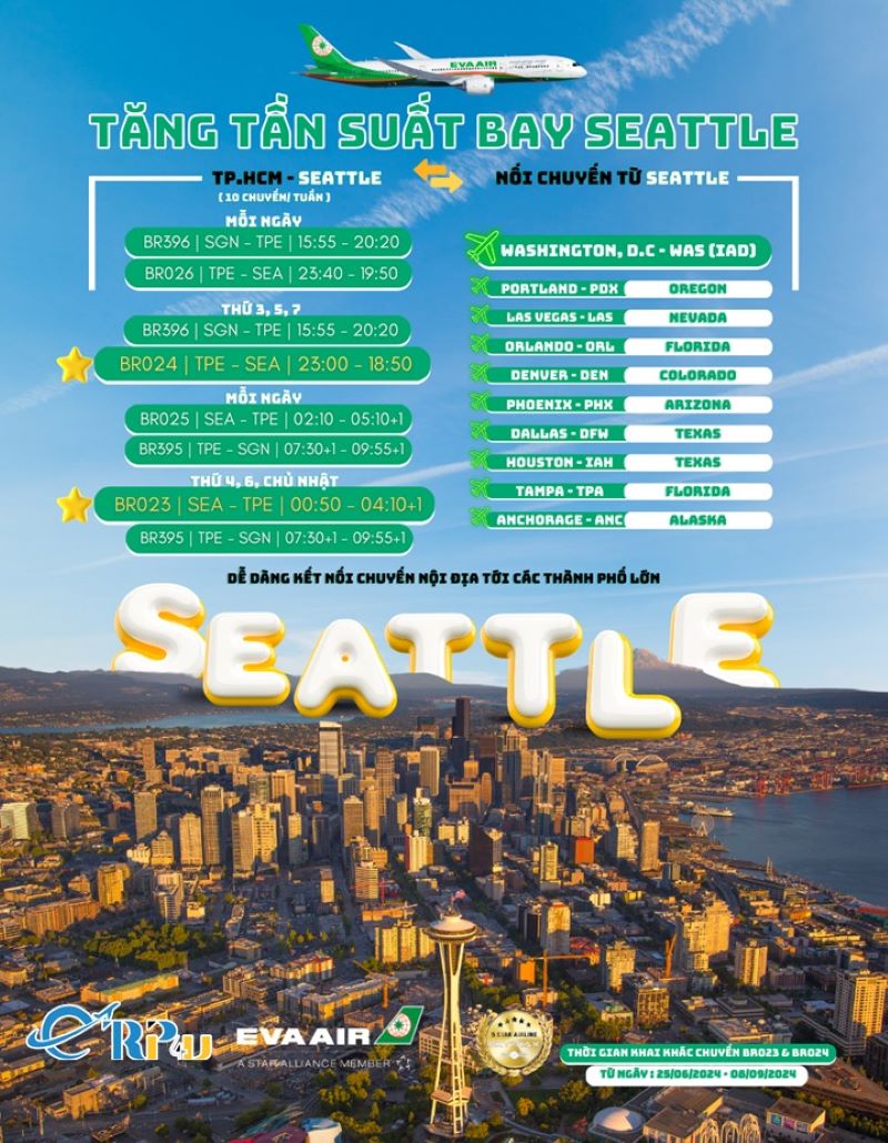 EVA AIR - Tăng tần suất bay đến SEA (SEATTLE) EVA AIR - Tăng tần suất bay đến SEA (SEATTLE)