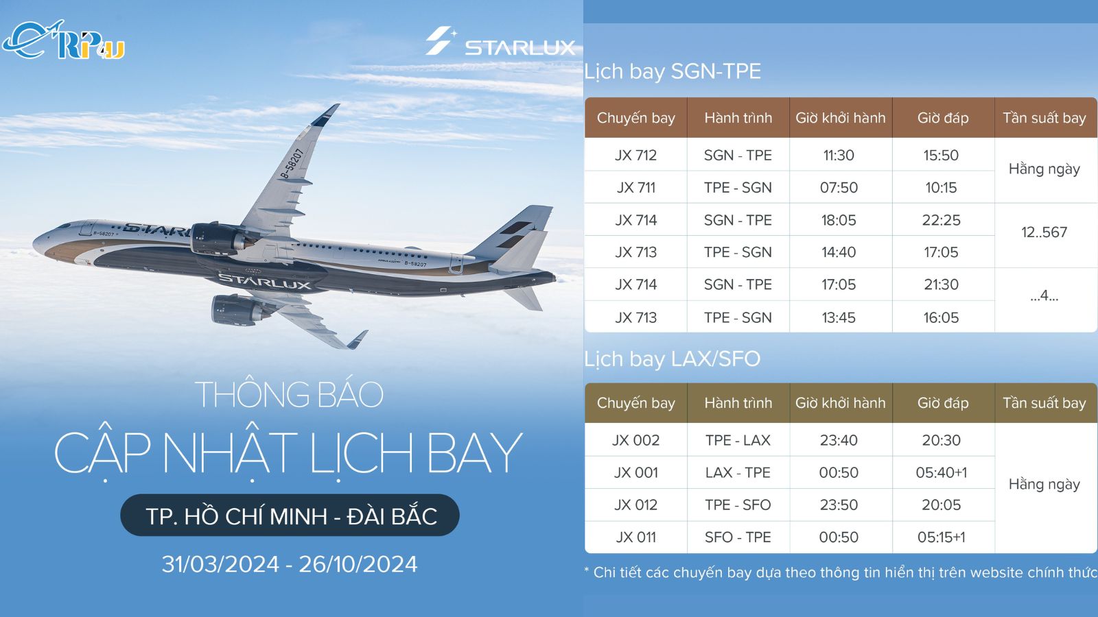 Starlux Airline thông báo tăng chuyến chặng SGN - TPE Starlux Airline thông báo tăng chuyến chặng SGN - TPE