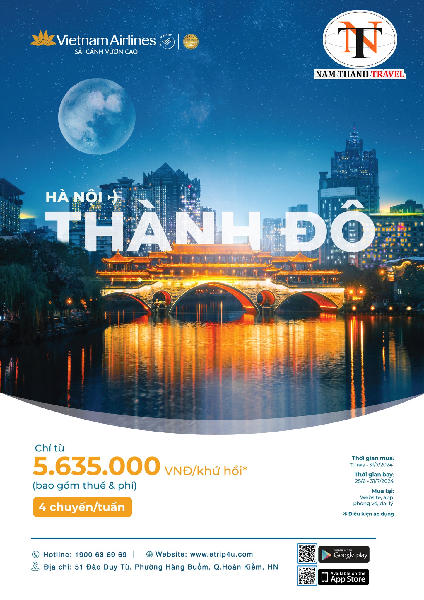 Vietnam Airlines: Ưu đãi chặng bay "Hà Nội - Thành Đô" giá chỉ từ 5.635.000VND/khứ hồi Vietnam Airlines: Ưu đãi chặng bay "Hà Nội - Thành Đô" giá chỉ từ 5.635.000VND/khứ hồi