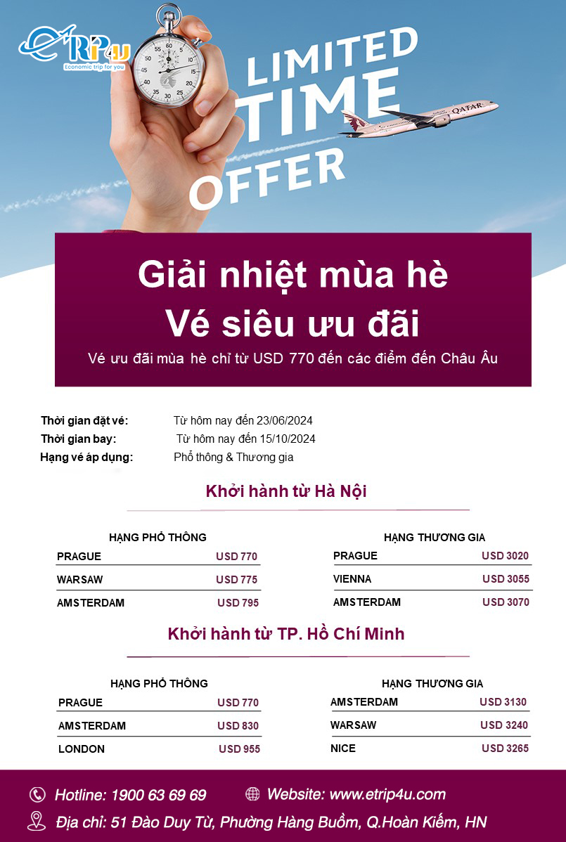 Qatar Airways: Giải nhiệt mùa hè, vé siêu ưu đãi Qatar Airways: Giải nhiệt mùa hè, vé siêu ưu đãi