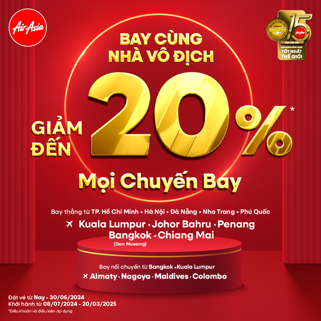 AirAsia: Giảm đến 20% khi Bay cùng nhà vô địch AirAsia: Giảm đến 20% khi Bay cùng nhà vô địch