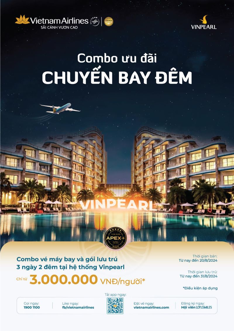 Vietnam Airlines: Combo ưu đ&atilde;i kh&aacute;ch sạn Vinpearl cho kh&aacute;ch bay đ&ecirc;m