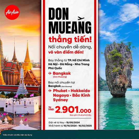 AirAsia: Bay nối chuyến tại Don Mueang với nhiều điểm đến hấp dẫn, giá chỉ từ 2.091.000 VNĐ AirAsia: Bay nối chuyến tại Don Mueang với nhiều điểm đến hấp dẫn, giá chỉ từ 2.091.000 VNĐ