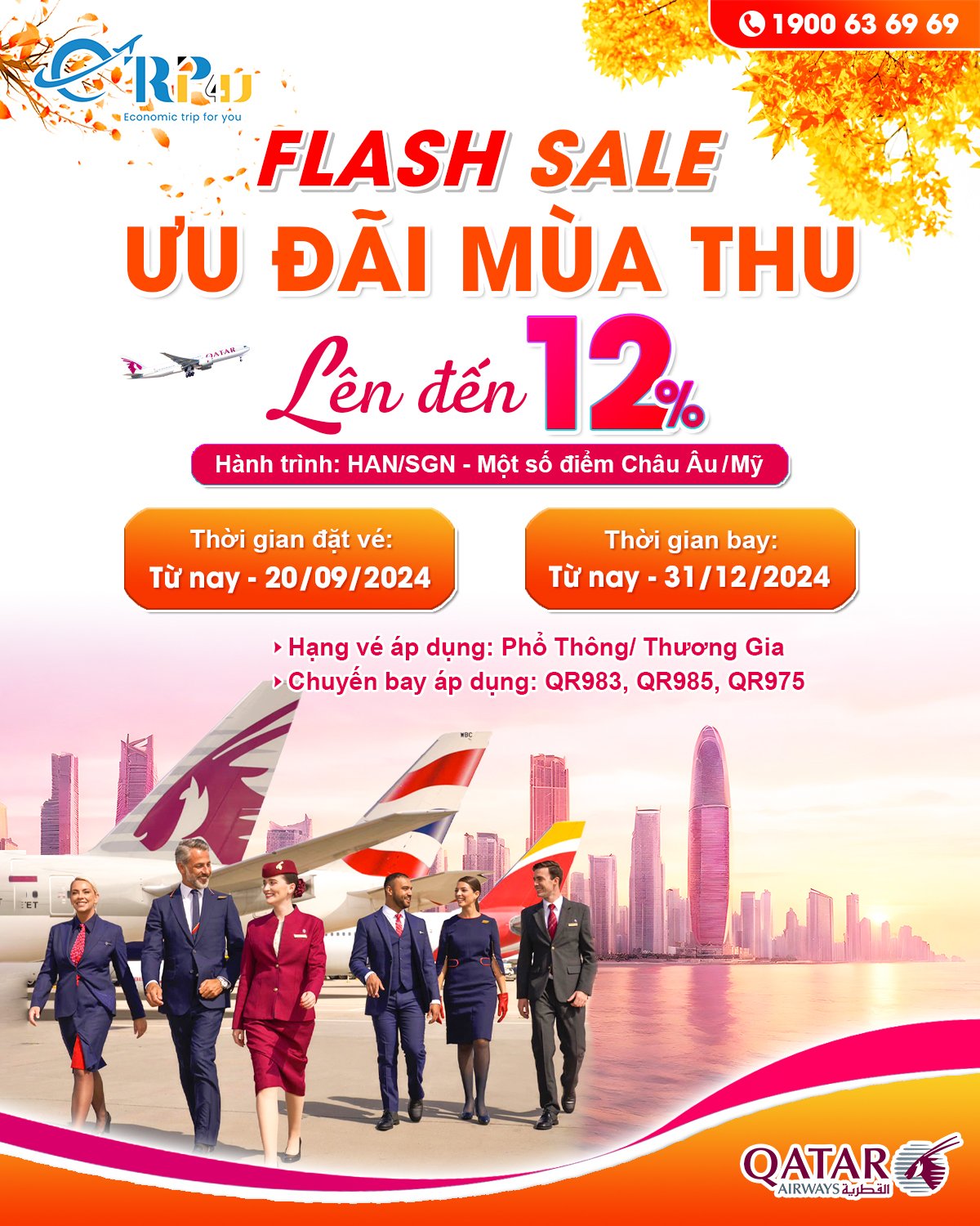 QATAR AIRWAYS: Ưu đ&atilde;i m&ugrave;a thu, giảm đến 12% gi&aacute; v&eacute;
