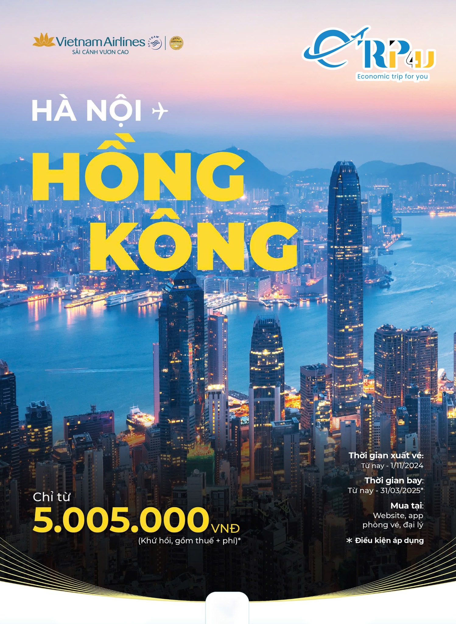 Ưu đãi giá vé chặng Hà Nội - Hong Kong chỉ từ 5.005.000 VND Ưu đãi giá vé chặng Hà Nội - Hong Kong chỉ từ 5.005.000 VND