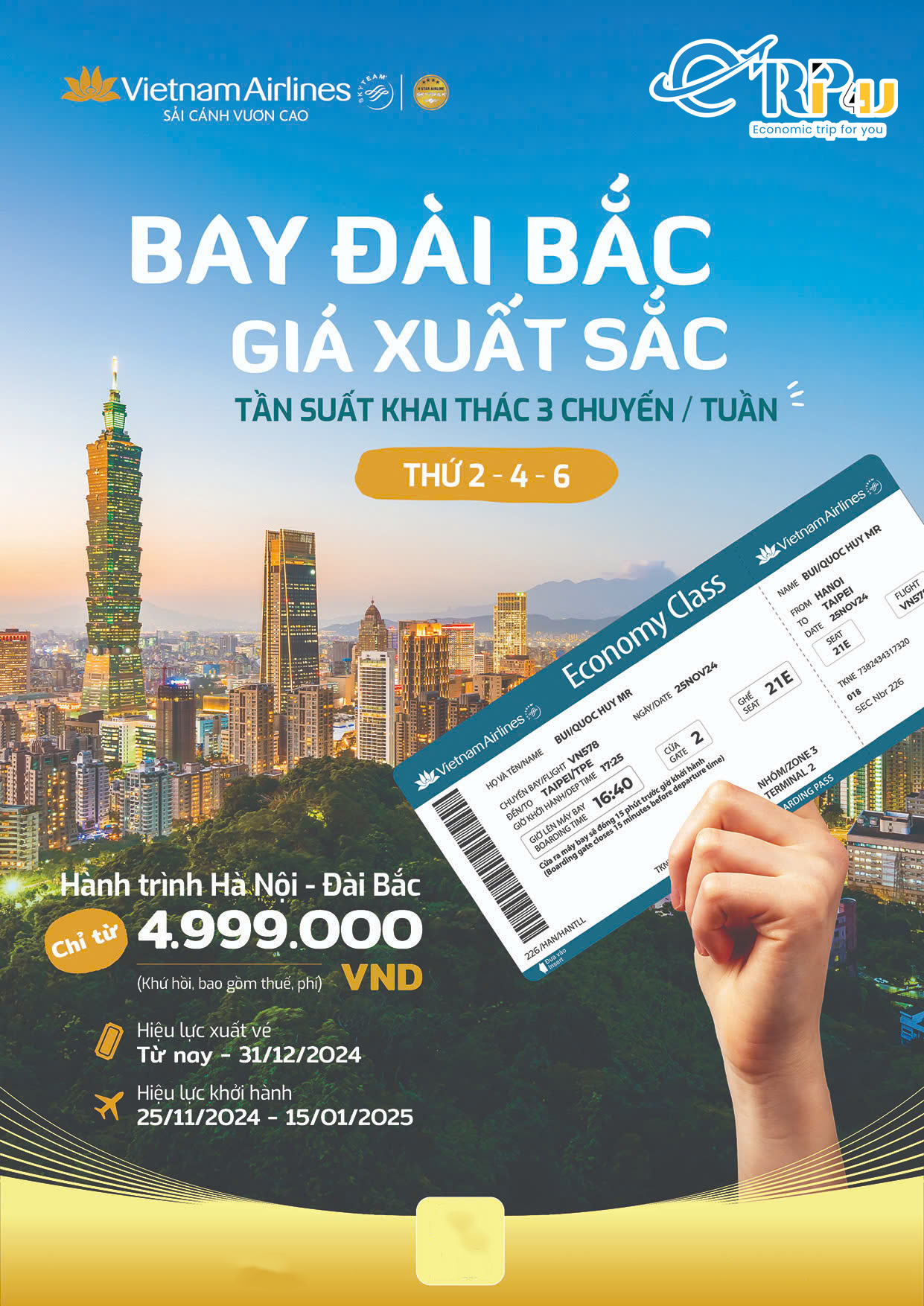 Vietnam Airlines khai thác đường bay thẳng Hà Nội - Đài Bắc Vietnam Airlines khai thác đường bay thẳng Hà Nội - Đài Bắc