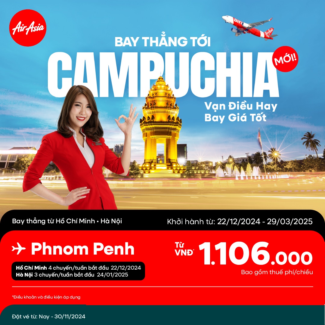AirAsia: Ưu đãi chặng bay mới HÀ NỘI - PHNOM PENH AirAsia: Ưu đãi chặng bay mới HÀ NỘI - PHNOM PENH