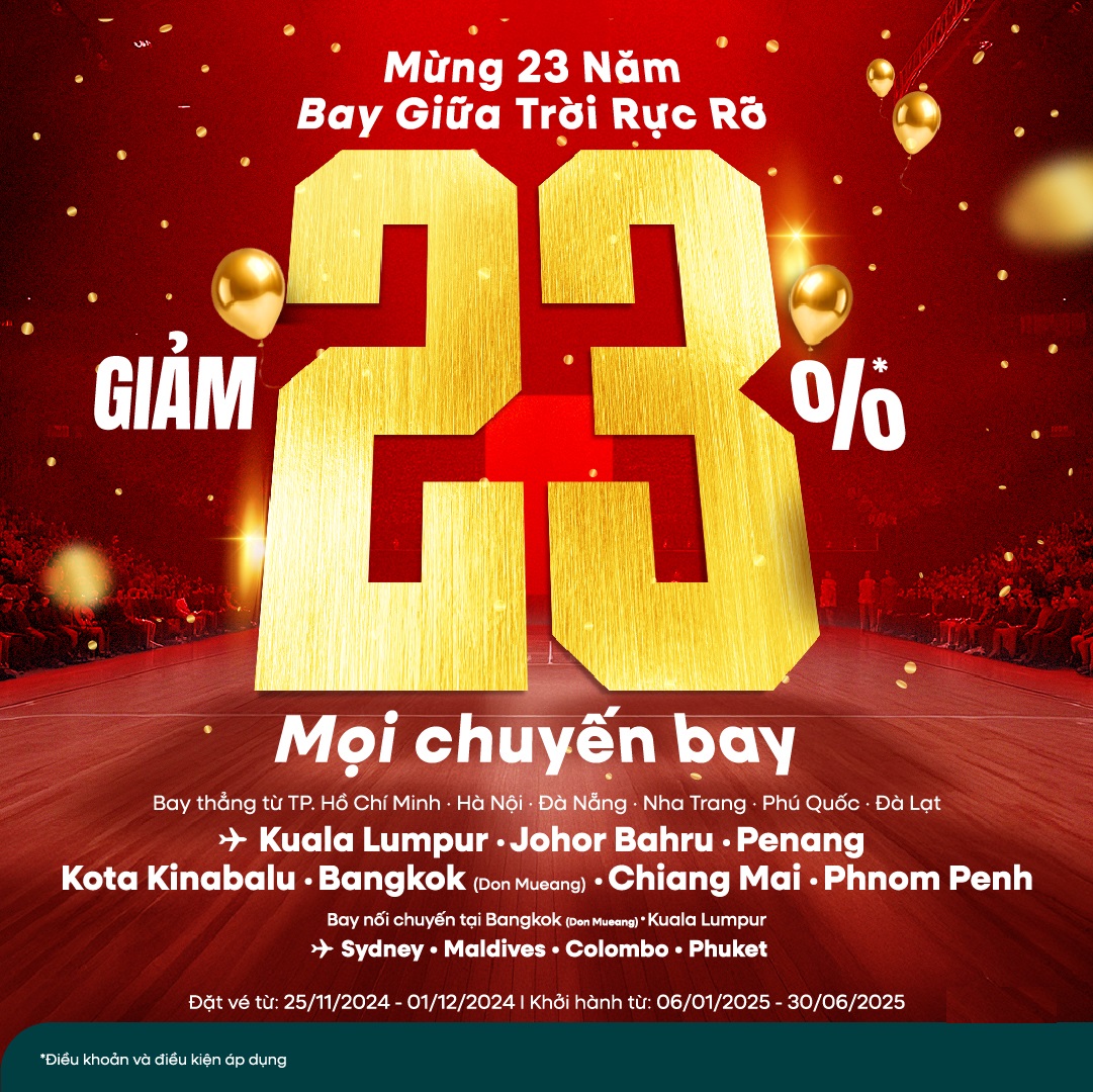 AirAsia: Giảm 23% - Mừng 23 năm bay giữa trời rực rỡ