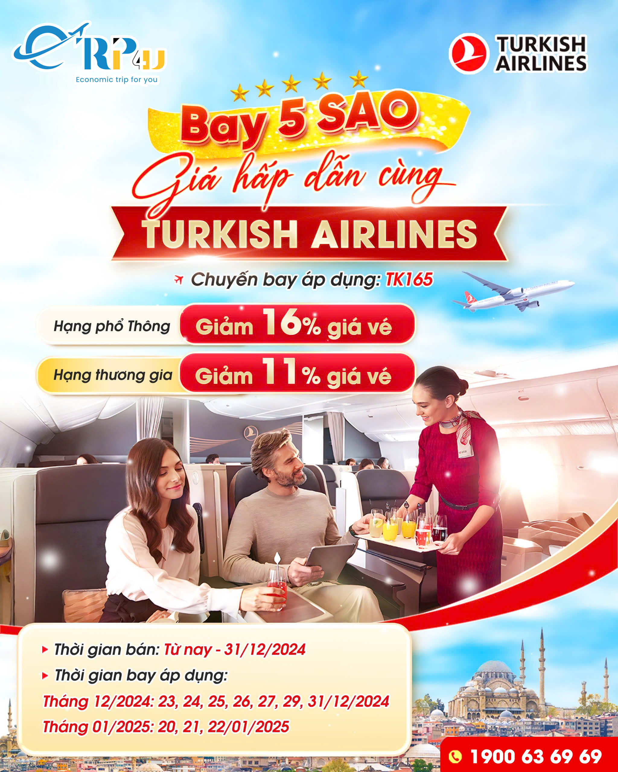 Ưu đ&atilde;i gi&aacute; cực tốt khi bay c&oacute; chiều đi sử dụng chặng TK165