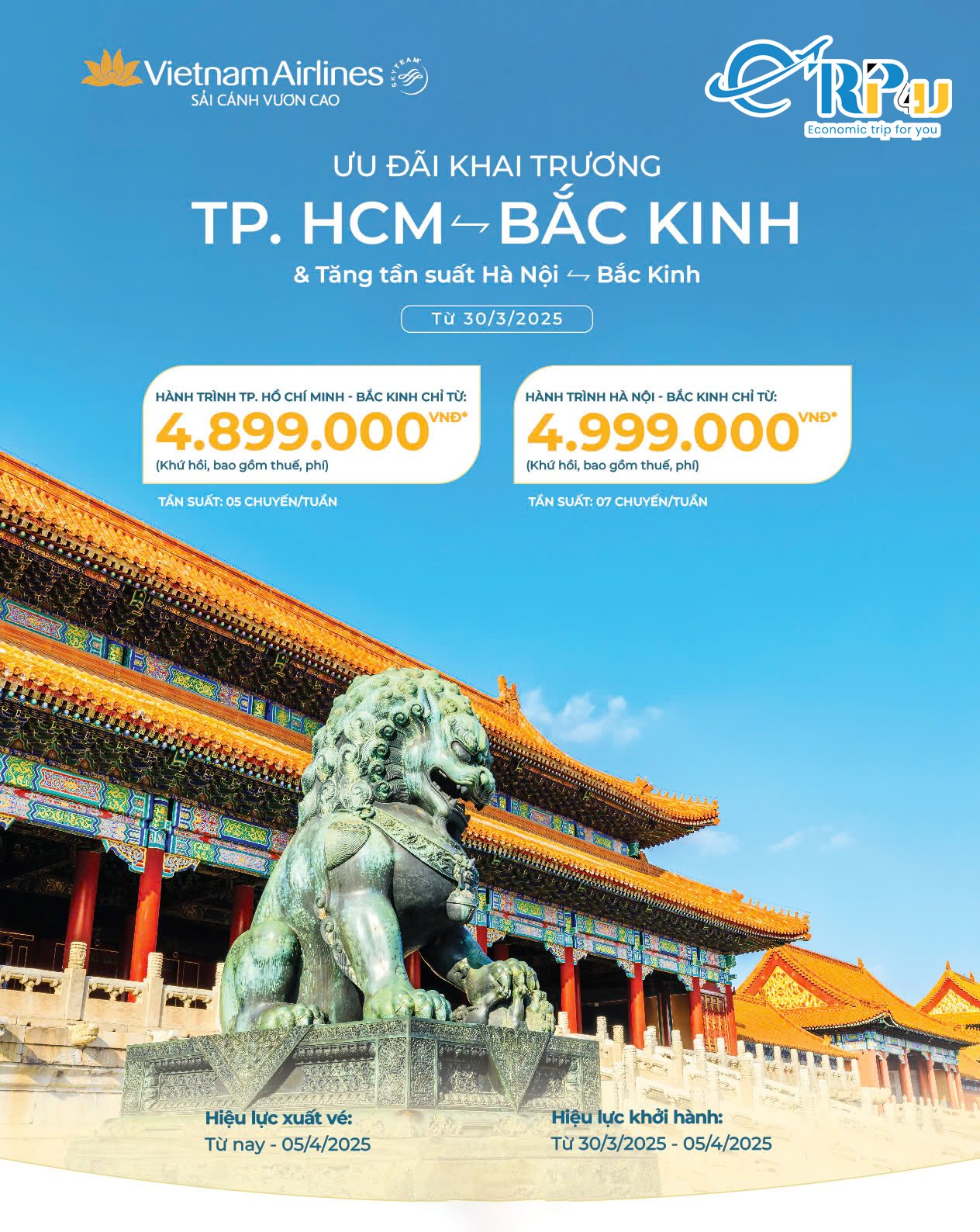 Săn vé Việt Nam - Bắc Kinh giá tốt cùng Vietnam Airlines Săn vé Việt Nam - Bắc Kinh giá tốt cùng Vietnam Airlines