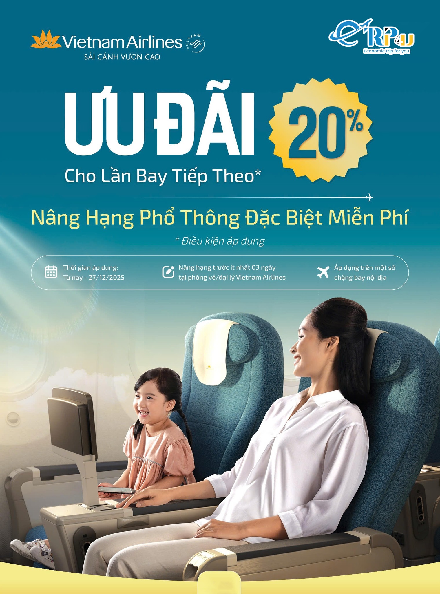 N&acirc;ng Hạng Miễn Ph&iacute; & Giảm 20% Chuyến Bay Tiếp Theo c&ugrave;ng Vietnam Airlines