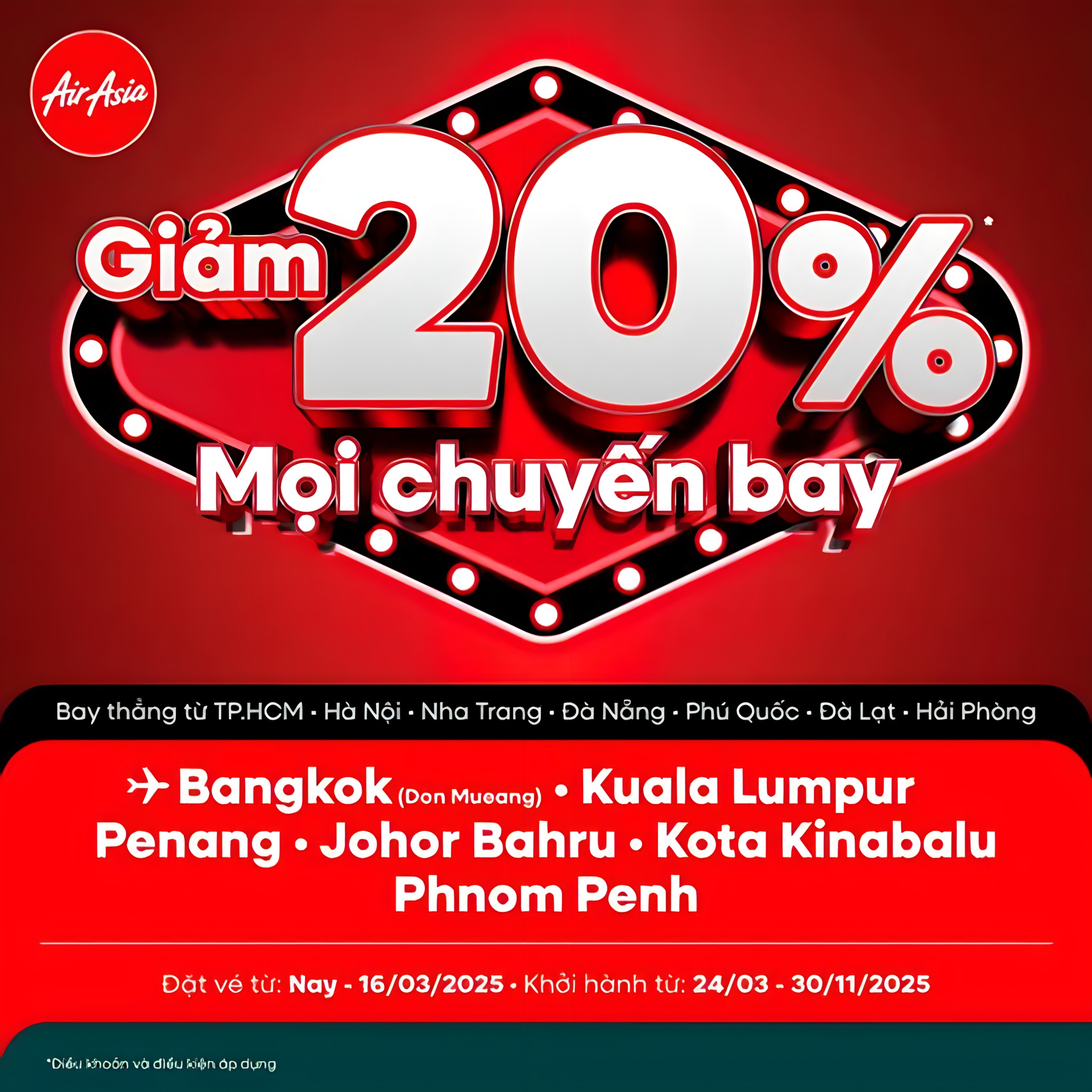 AirAsia ưu đ&atilde;i cực hấp dẫn - giảm ngay 20% cho mọi chuyến bay!