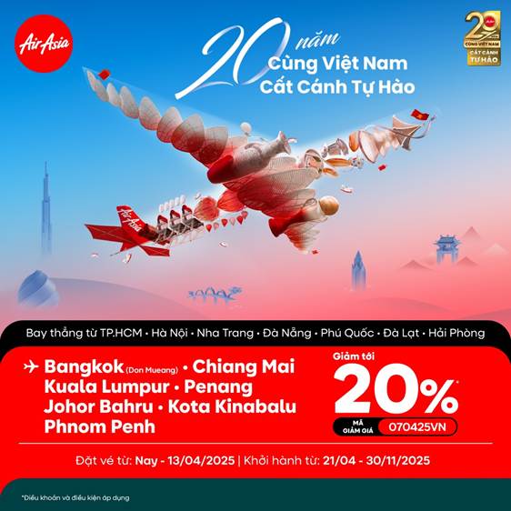 Air Asia tặng bạn ưu đ&atilde;i giảm tới 20% gi&aacute; v&eacute; để c&ugrave;ng nhau bay xa, kh&aacute;m ph&aacute; thế giới!