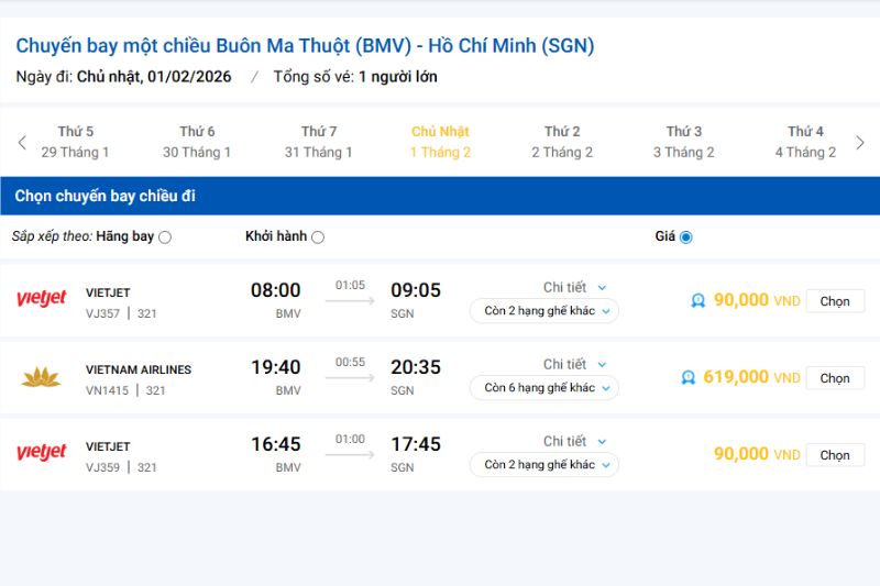 Gi&aacute; v&eacute; m&aacute;y bay Đắk Lắk - S&agrave;i G&ograve;n rẻ nhất được ghi nhận từ Vnbuy