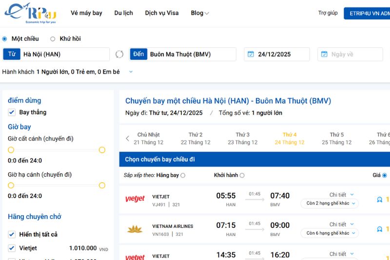 Đặt v&eacute; m&aacute;y bay đi Bu&ocirc;n M&ecirc; Thuột gi&aacute; rẻ tại Vnbuy
