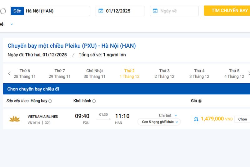 Giá vé máy bay Pleiku Hà Nội hãng Vietnam Airlines Giá vé máy bay Pleiku Hà Nội hãng Vietnam Airlines