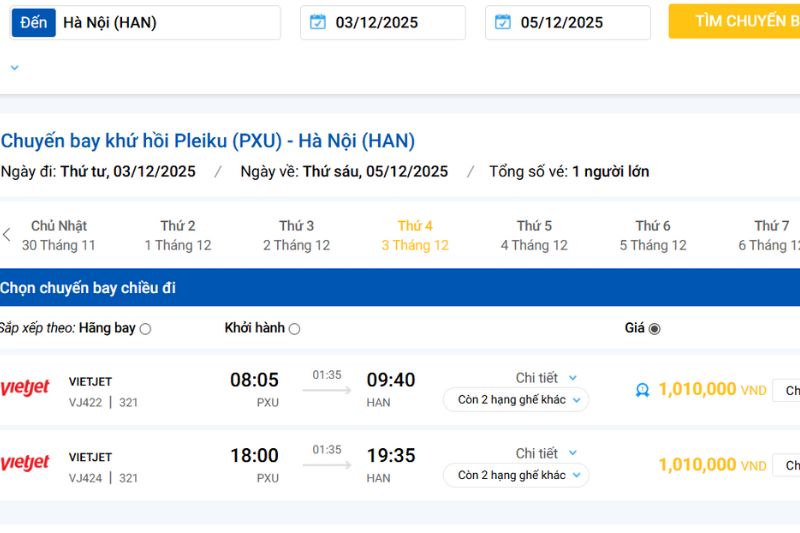 Giá vé máy bay Pleiku Hà Nội hãng Vietjet Giá vé máy bay Pleiku Hà Nội hãng Vietjet