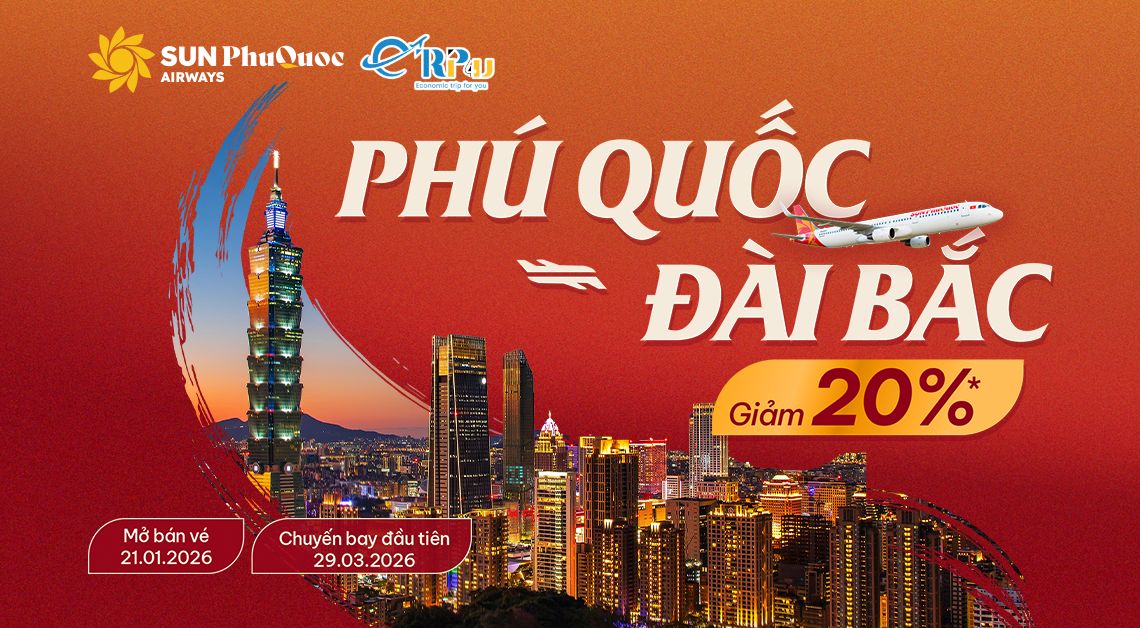 Sun PhuQuoc Airways chính thức mở bán đường bay quốc tế Phú Quốc – Đài Bắc (PQC – TPE) Sun PhuQuoc Airways chính thức mở bán đường bay quốc tế Phú Quốc – Đài Bắc (PQC – TPE)