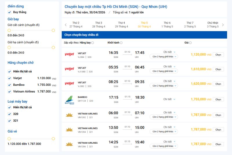 Bay từ TP. HCM đến Quy Nhơn 30/4
