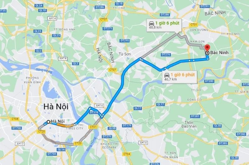 Khoảng c&aacute;ch H&agrave; Nội - Bắc Ninh