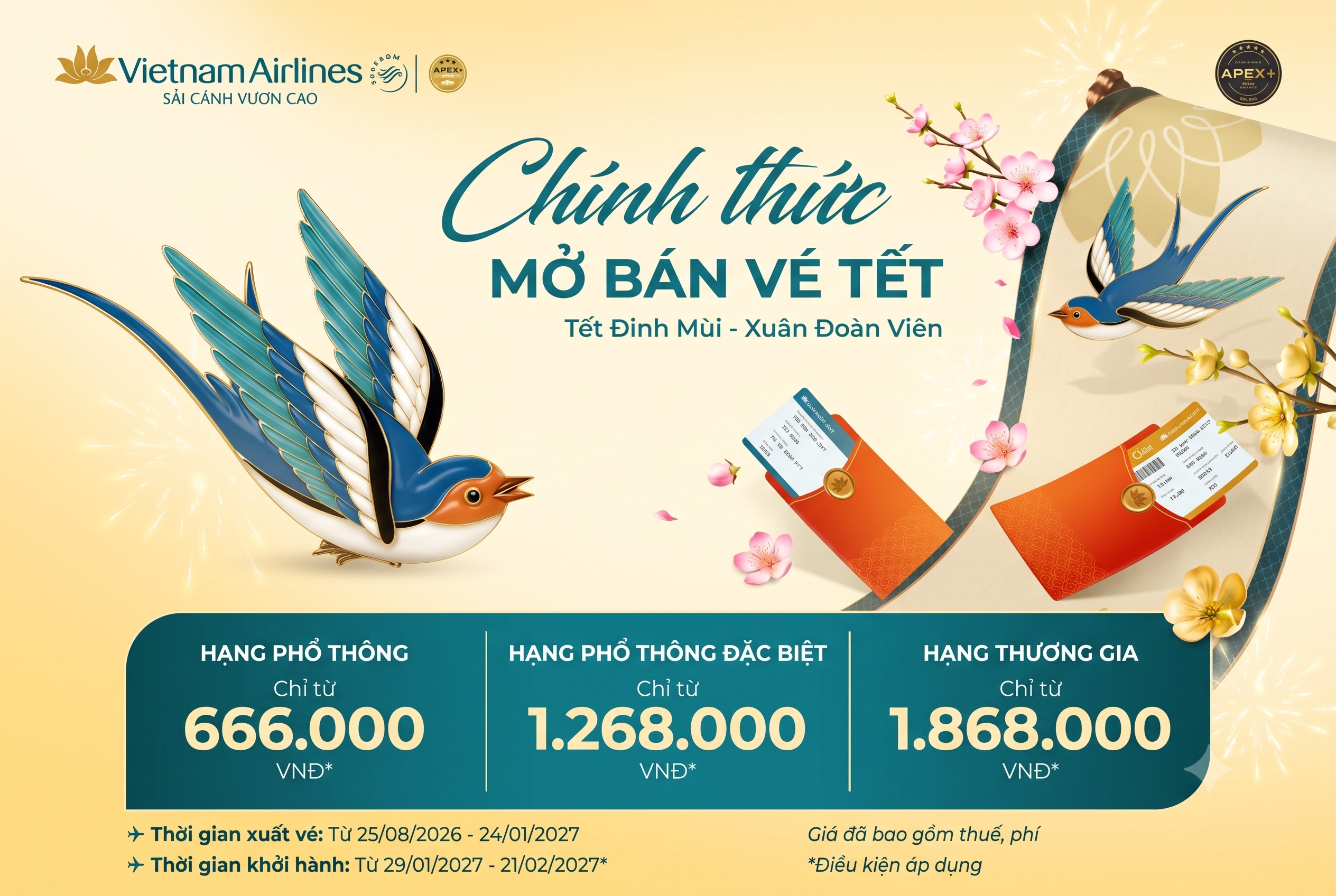 Vietnam Airlines tung ưu đãi Đồng Giá Vé Tết Đinh Mùi 2027 chỉ từ 666.666 VND Vietnam Airlines tung ưu đãi Đồng Giá Vé Tết Đinh Mùi 2027 chỉ từ 666.666 VND